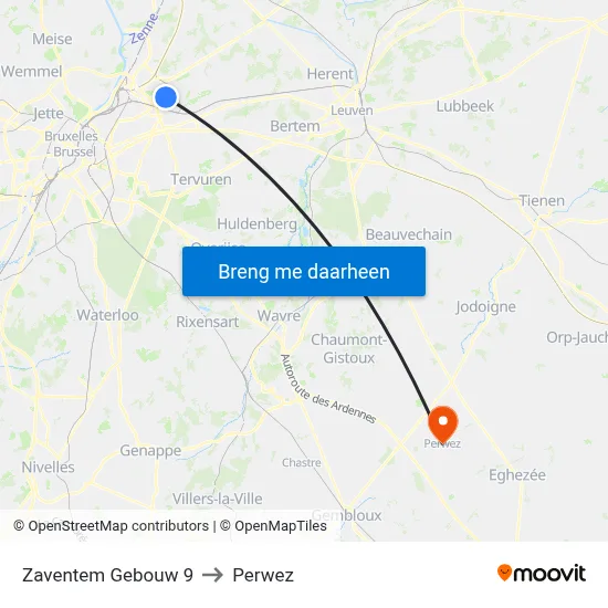 Zaventem Gebouw 9 to Perwez map