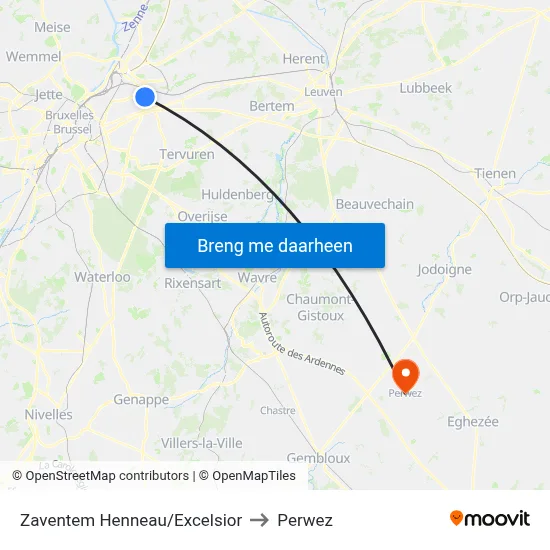 Zaventem Henneau/Excelsior to Perwez map