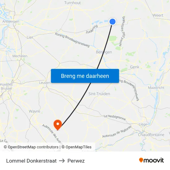 Lommel Donkerstraat to Perwez map