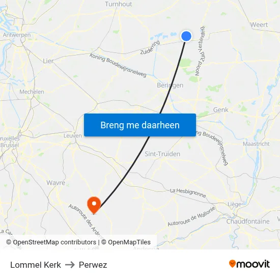 Lommel Kerk to Perwez map
