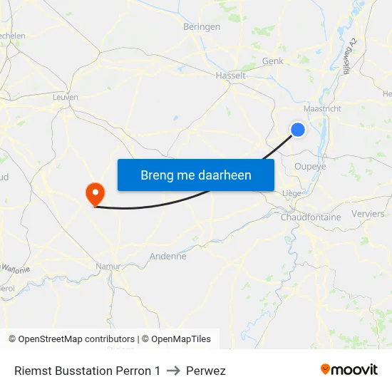 Riemst Busstation Perron 1 to Perwez map