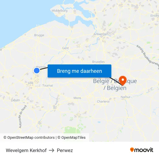Wevelgem Kerkhof to Perwez map