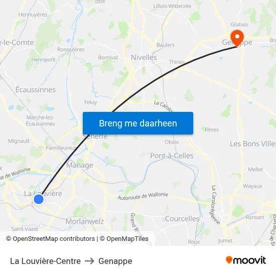 La Louvière-Centre to Genappe map
