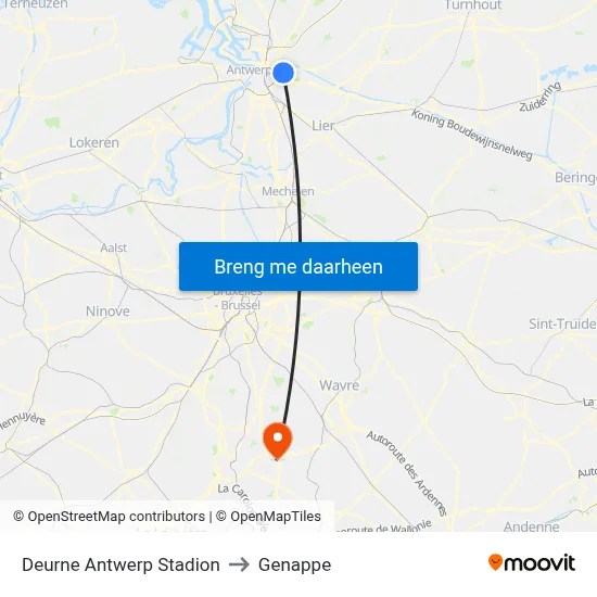 Deurne Antwerp Stadion to Genappe map