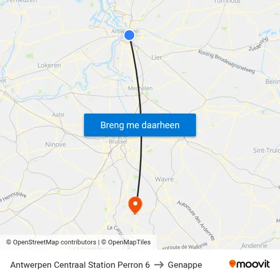 Antwerpen Centraal Station Perron 6 to Genappe map