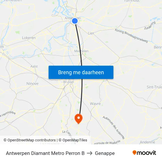 Antwerpen Diamant Metro Perron B to Genappe map