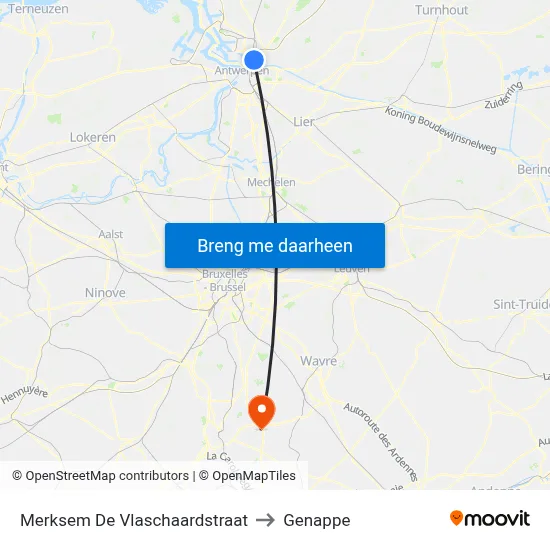 Merksem De Vlaschaardstraat to Genappe map