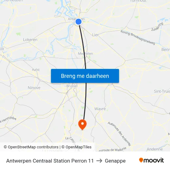 Antwerpen Centraal Station Perron 11 to Genappe map