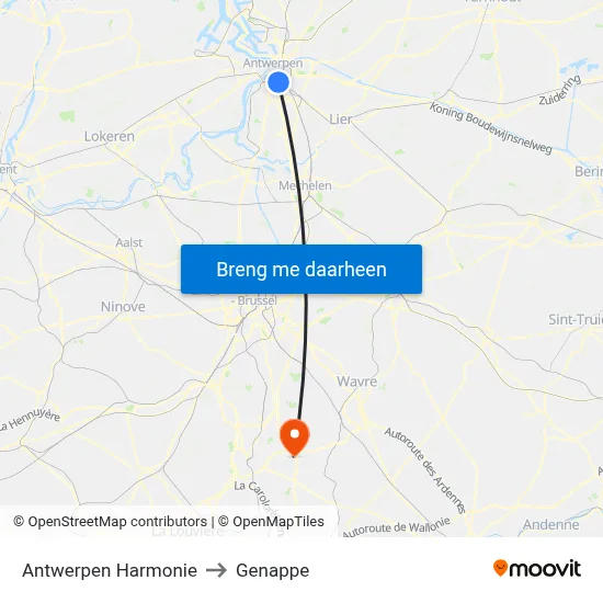 Antwerpen Harmonie to Genappe map