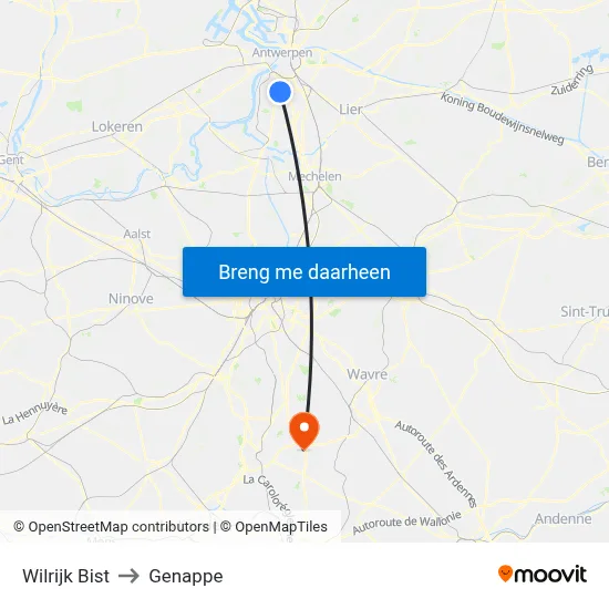 Wilrijk Bist to Genappe map