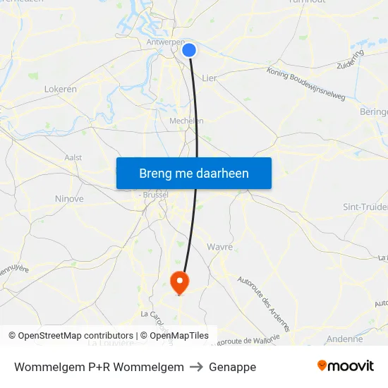 Wommelgem P+R Wommelgem to Genappe map