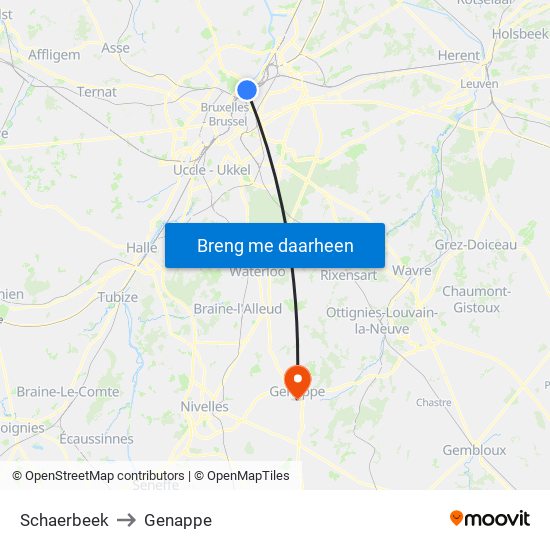 Schaerbeek to Genappe map