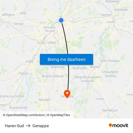 Haren-Sud to Genappe map