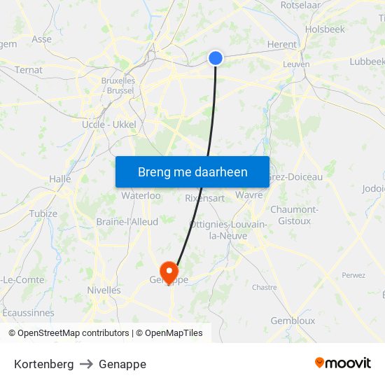 Kortenberg to Genappe map