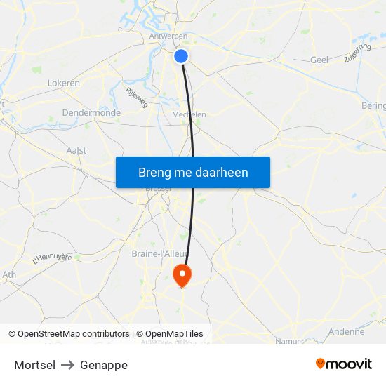 Mortsel to Genappe map