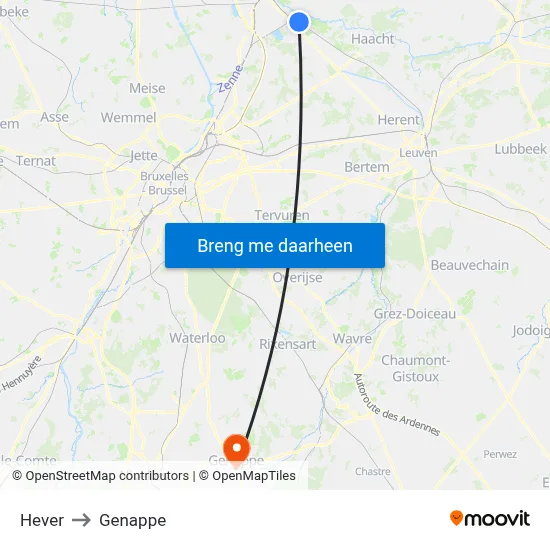 Hever to Genappe map