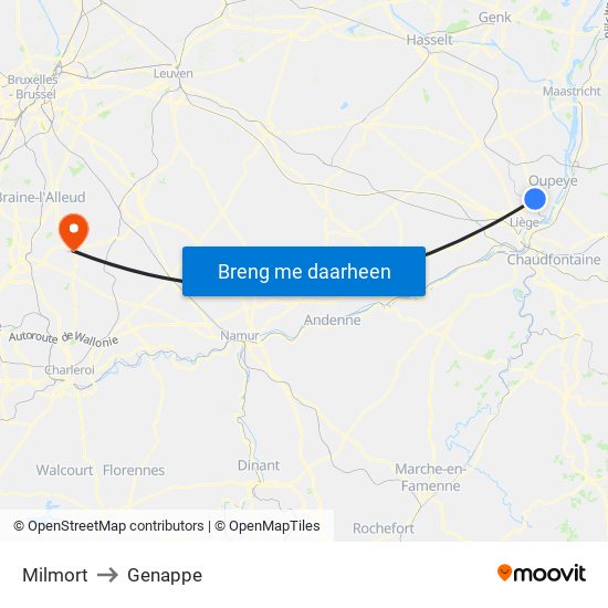 Milmort to Genappe map