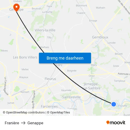 Franière to Genappe map