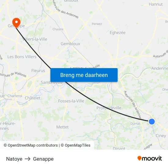Natoye to Genappe map