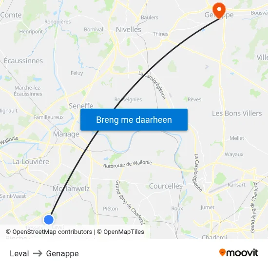 Leval to Genappe map