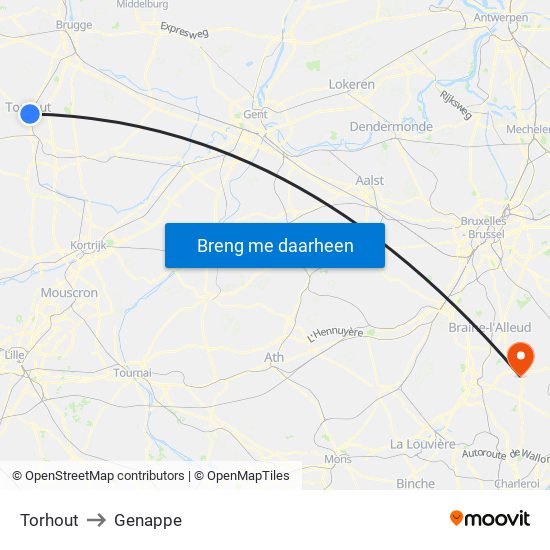 Torhout to Genappe map