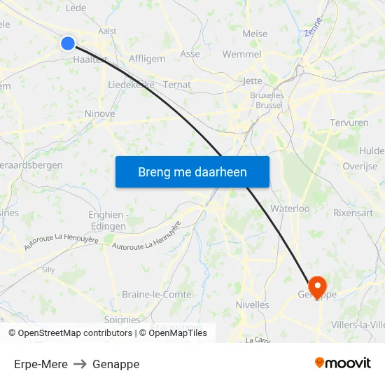Erpe-Mere to Genappe map