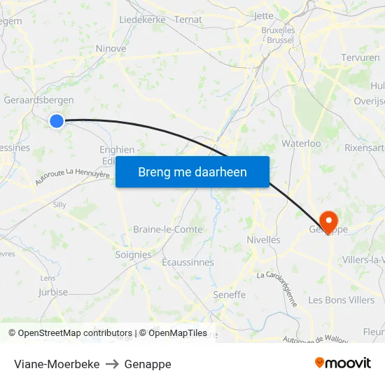 Viane-Moerbeke to Genappe map