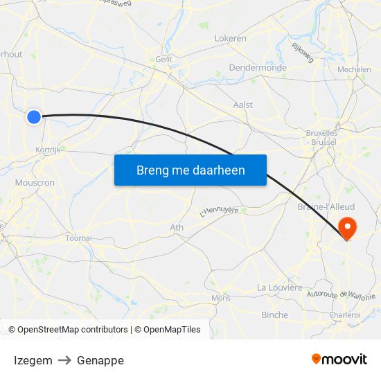 Izegem to Genappe map