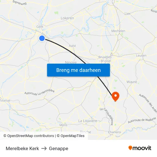 Merelbeke Kerk to Genappe map