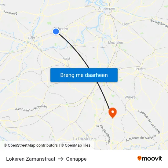 Lokeren Zamanstraat to Genappe map