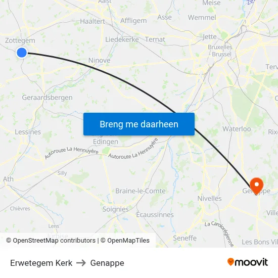 Erwetegem Kerk to Genappe map