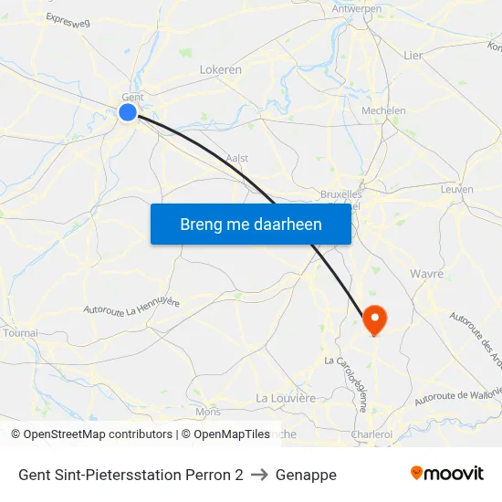 Gent Sint-Pietersstation Perron 2 to Genappe map