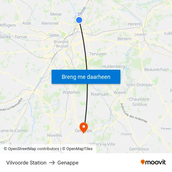 Vilvoorde Station to Genappe map