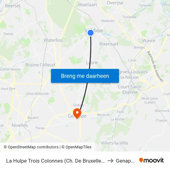 La Hulpe Trois Colonnes (Ch. De Bruxelles) to Genappe map