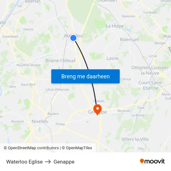Waterloo Eglise to Genappe map