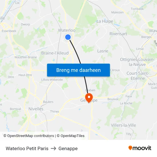 Waterloo Petit Paris to Genappe map