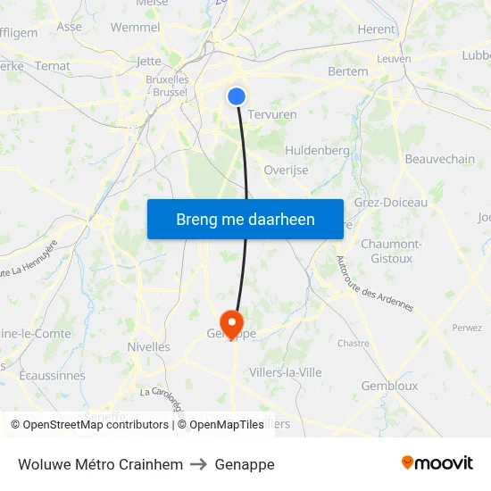 Woluwe Métro Crainhem to Genappe map