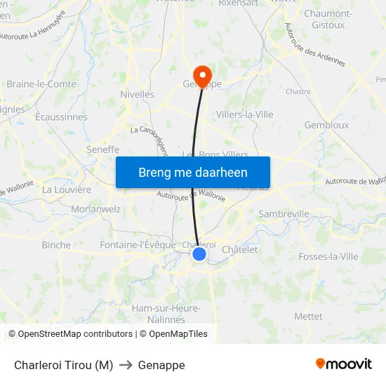 Charleroi Tirou (M) to Genappe map