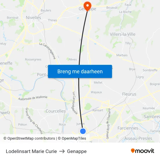 Lodelinsart Marie Curie to Genappe map