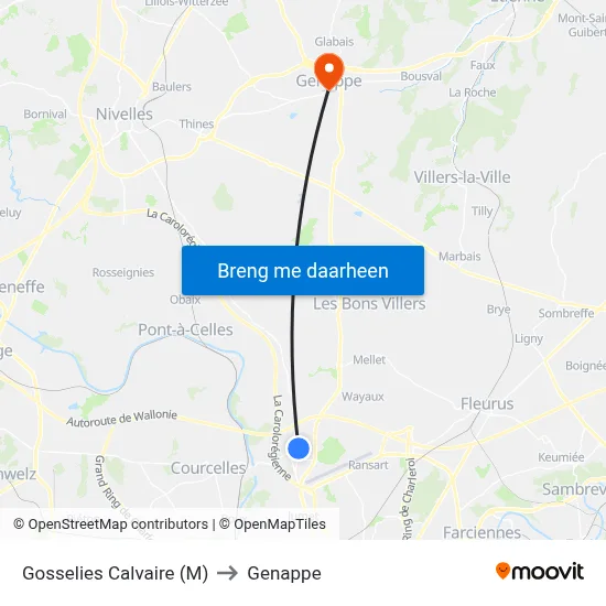 Gosselies Calvaire (M) to Genappe map