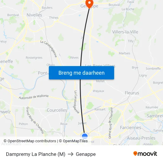Dampremy La Planche (M) to Genappe map