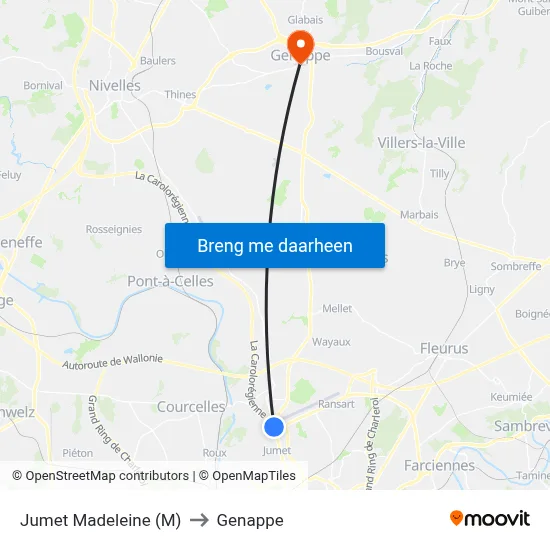 Jumet Madeleine (M) to Genappe map