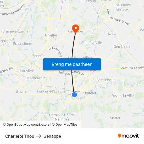 Charleroi Tirou to Genappe map