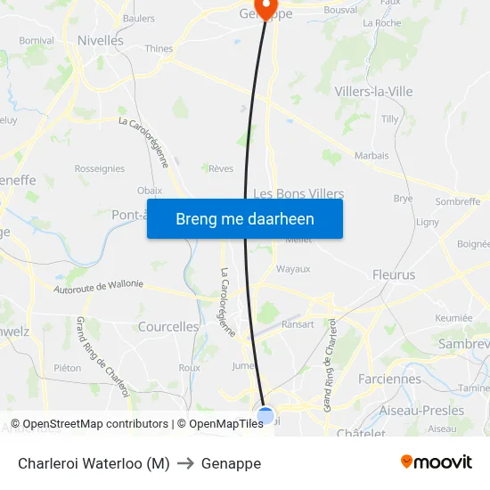 Charleroi Waterloo (M) to Genappe map