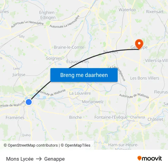 Mons Lycée to Genappe map