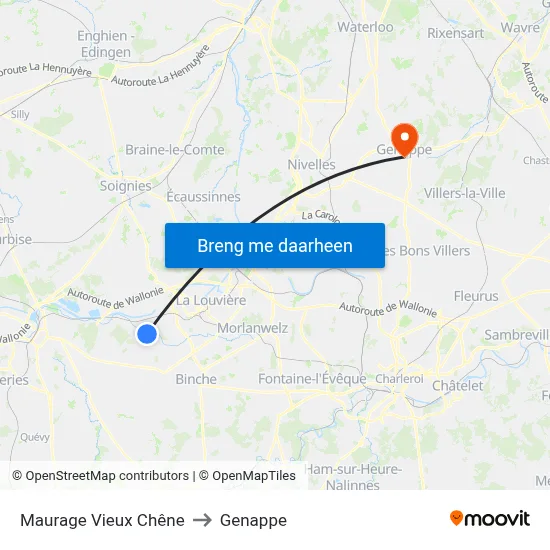 Maurage Vieux Chêne to Genappe map