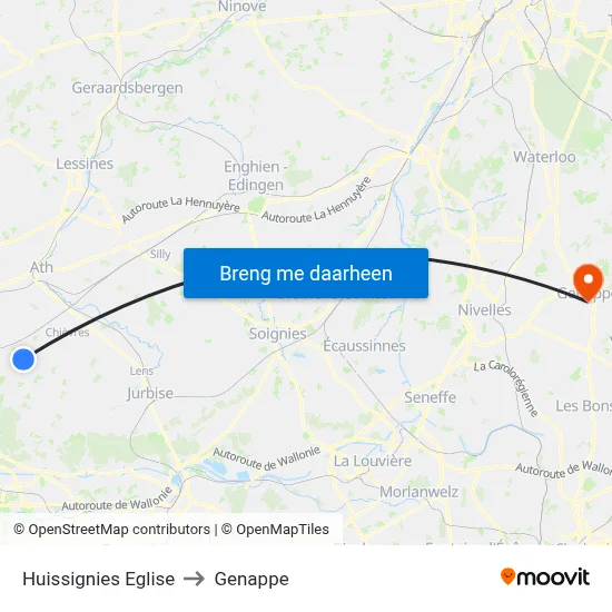 Huissignies Eglise to Genappe map