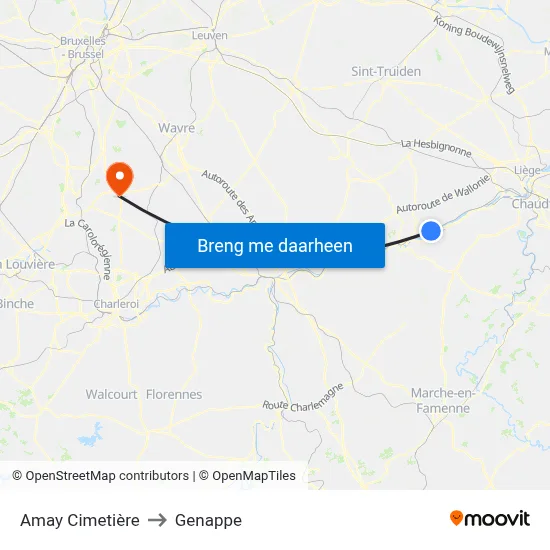 Amay Cimetière to Genappe map