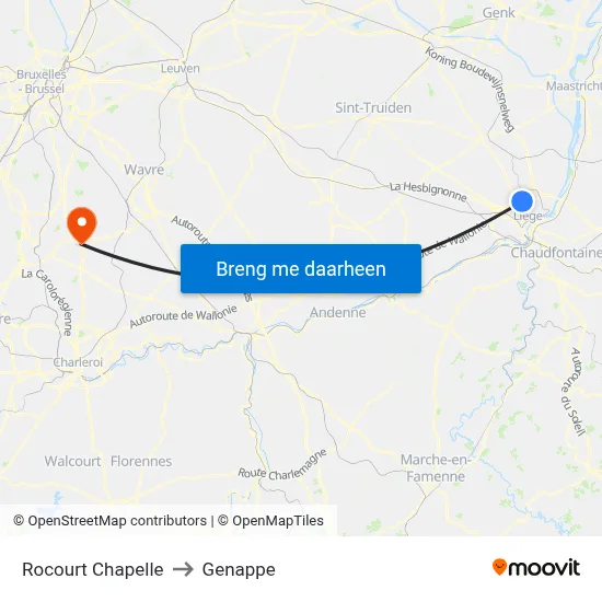 Rocourt Chapelle to Genappe map