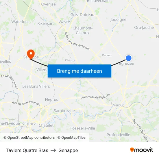 Taviers Quatre Bras to Genappe map